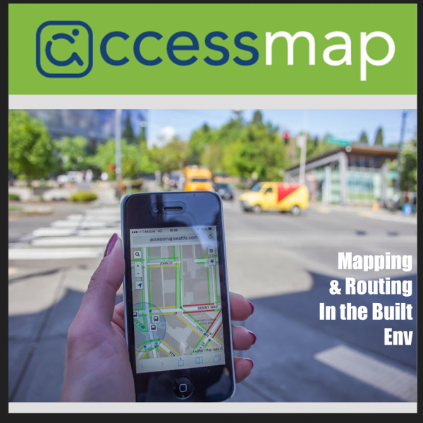 AccessMap Logo with a view of the app on a mobile phone held by a persons left hand.
