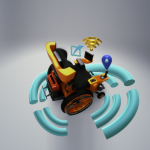 The smart and connected wheelchair. The image3D model of a power wheelchair with iconography of a wireless wave surrounding it. On the right arm support is an icon of GPS location, on the left arm support are icons of wireless emissions from an on-board tablet and icon of messaging sending out from the chair.