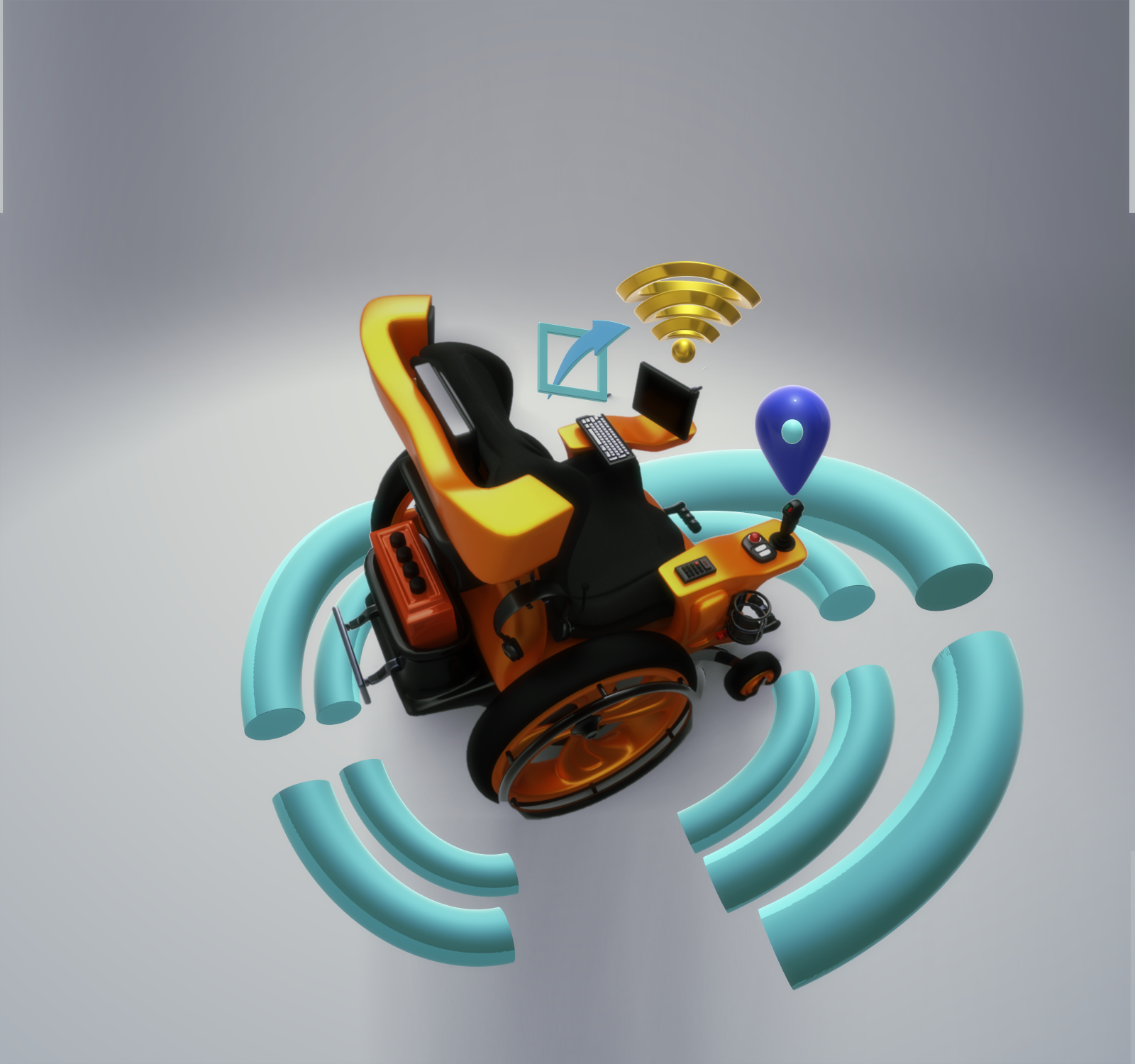 The smart and connected wheelchair. The image3D model of a power wheelchair with iconography of a wireless wave surrounding it. On the right arm support is an icon of GPS location, on the left arm support are icons of wireless emissions from an on-board tablet and icon of messaging sending out from the chair.