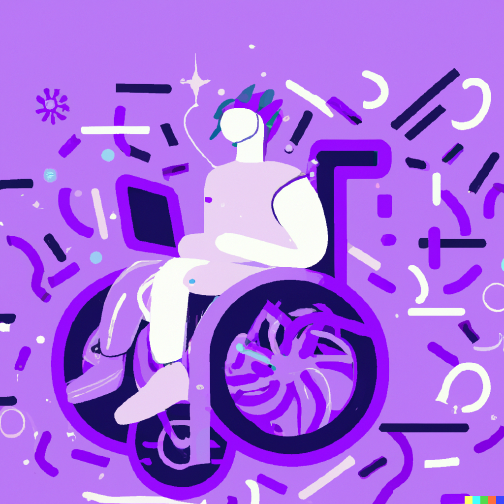 Illustration of a person in a wheelchair with a tablet of some sort. There is expressive decoration extending from the person and their tablet.