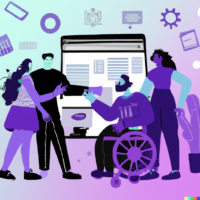 bright, purple-toned illustration of a group of people with various disabilities collaborating on a digital project
