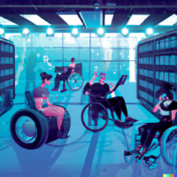 Futuristic illustration of a a group of wheelchair users collaborating.
